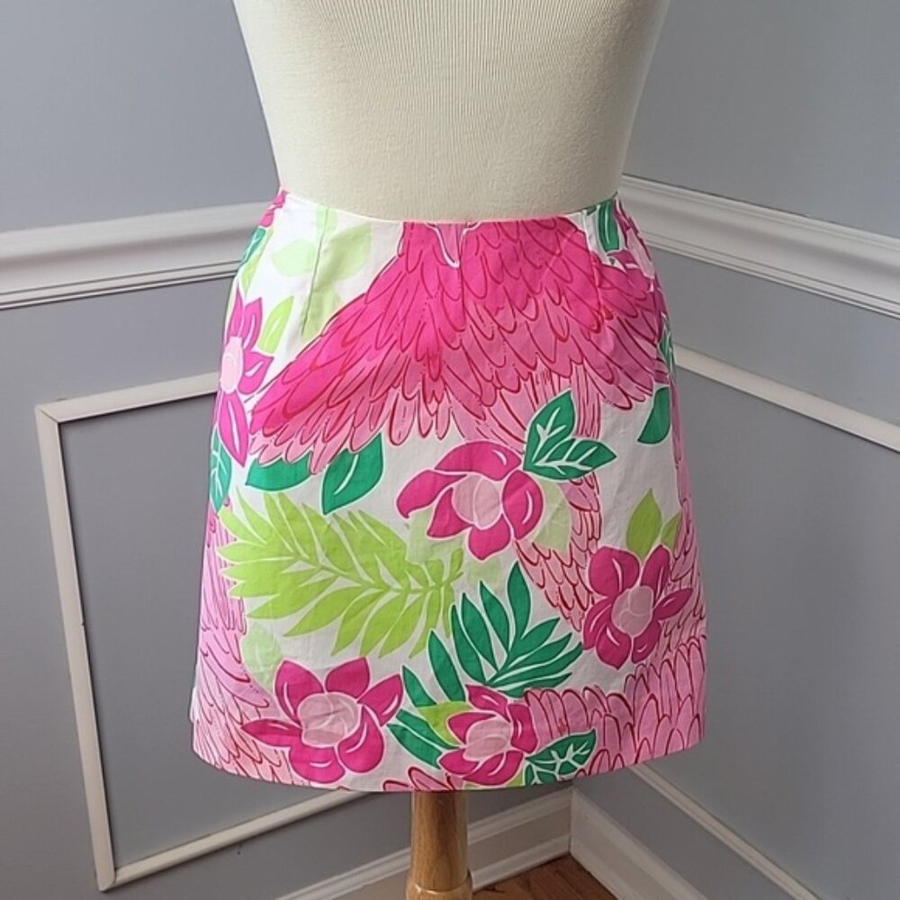 LILLY‎ PULITZER Port of Caw Pink Green Tropical Floral Bird Preppy Mini Skirt 4